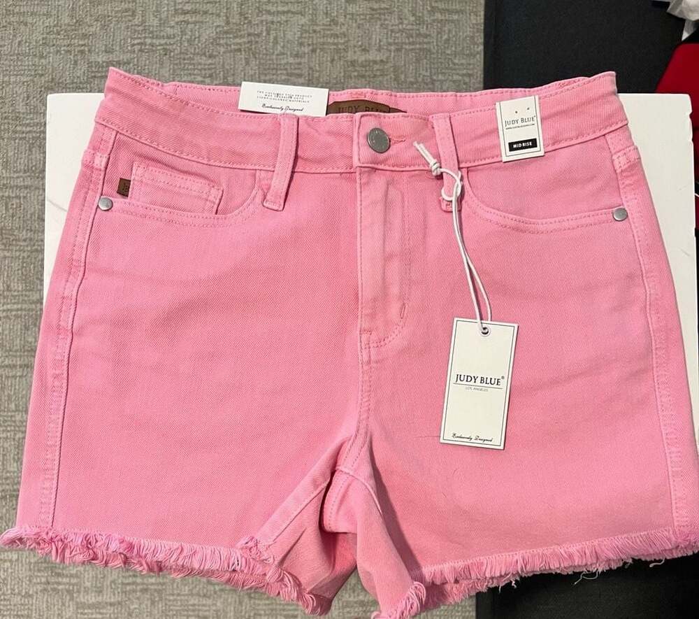 Judy Blue Women's Mid-Rise Light Pink Garment Dyed Fray Hem Denim Shorts